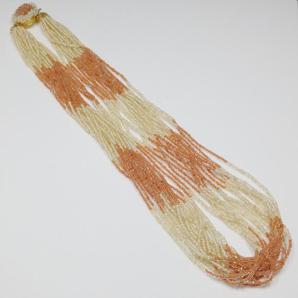 Japan 1950s Multi Strand Glass Seed Bead Necklace Beige Rust Vintage - Picture 4 of 10